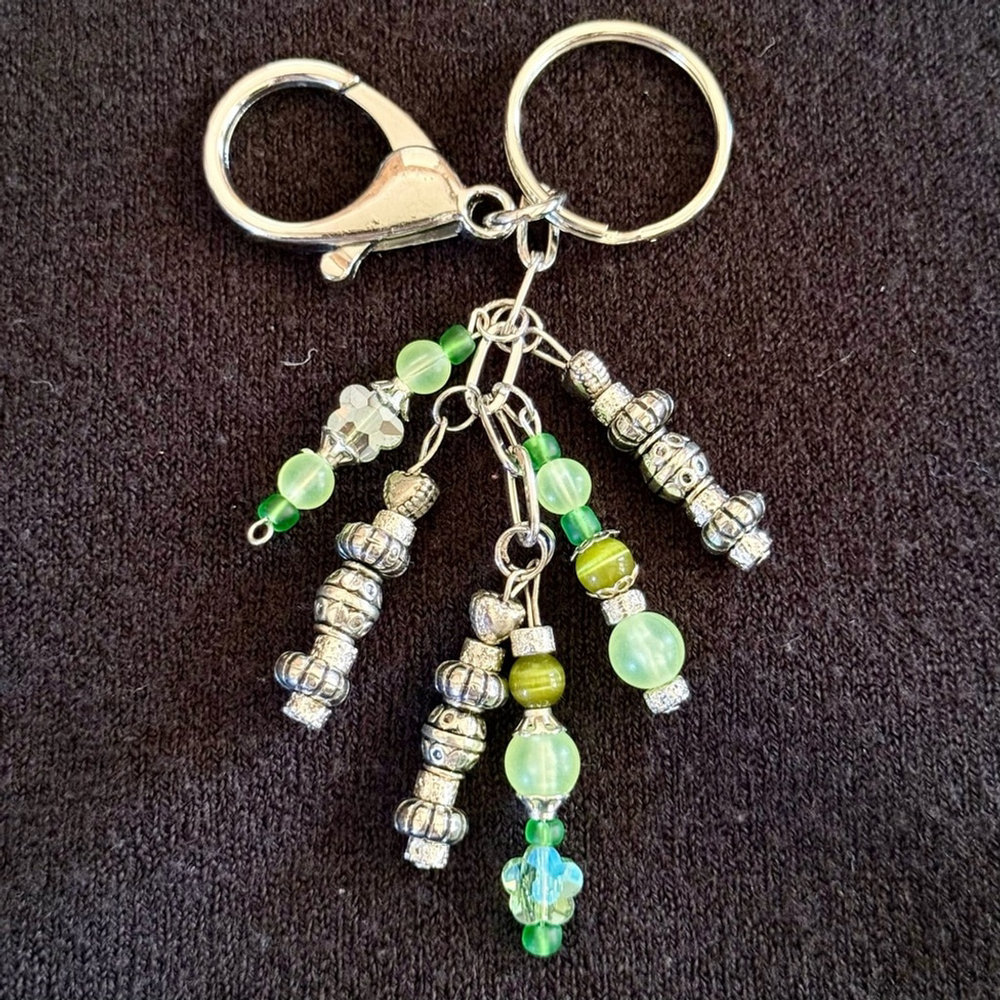 Green and Silver (1) Handmade Bag Charm Keychain | One of a Kind | Crystal Beads